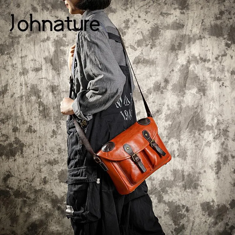 Johnature Simple Handmade Genuine Leather Women's Bag 2026 New Casual Natural Cowhide Shoulder Bags Large Capacity Messenger Bag