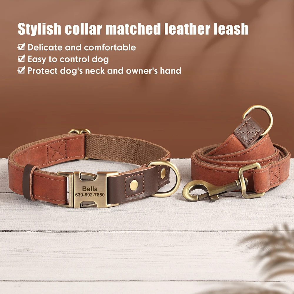 Personalisiertes Hundehalsband mit Leine aus PU-Leder, inklusive Laufleine, kostenlose individuelle Haustier-ID-Halskette für kleine und große Hunde, Mops – Detail 13