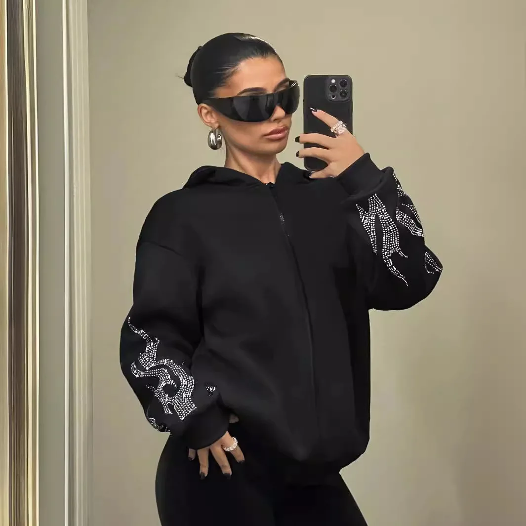 الخريف والشتاء جديد Y2g الشارع الاتجاه لهب حجر الراين فضفاض البريدي مقنعين سترة زوجين معطف للنساء #2