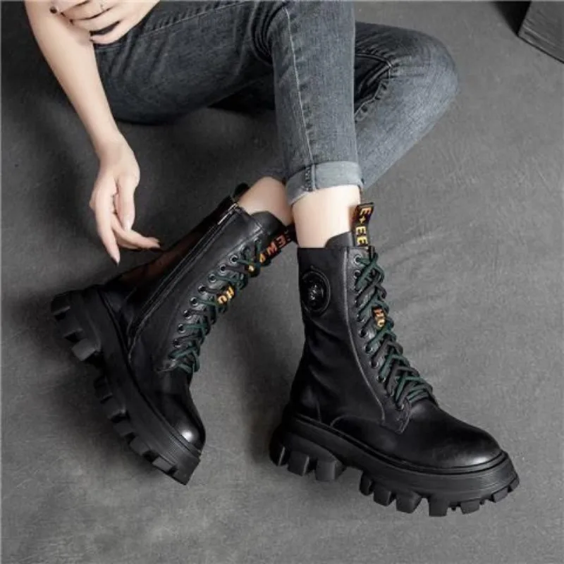 2024 Short Plush Mid-heel Snow Boots Lace Up Warm Lady Platform Biker Mid-calf Boot for Women Shoes Winter Leather Chelsea Boots