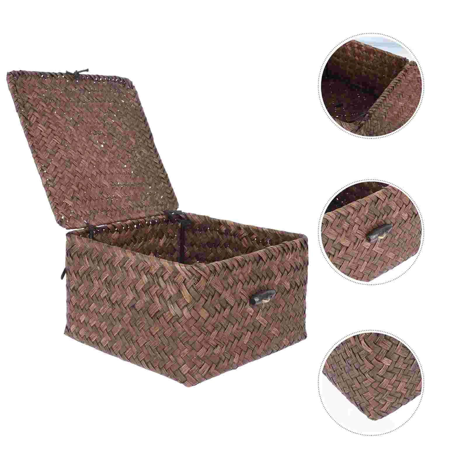 Storage Box Decorative Basket Woven Baskets Multipurpose Lid Book Seaweed Household