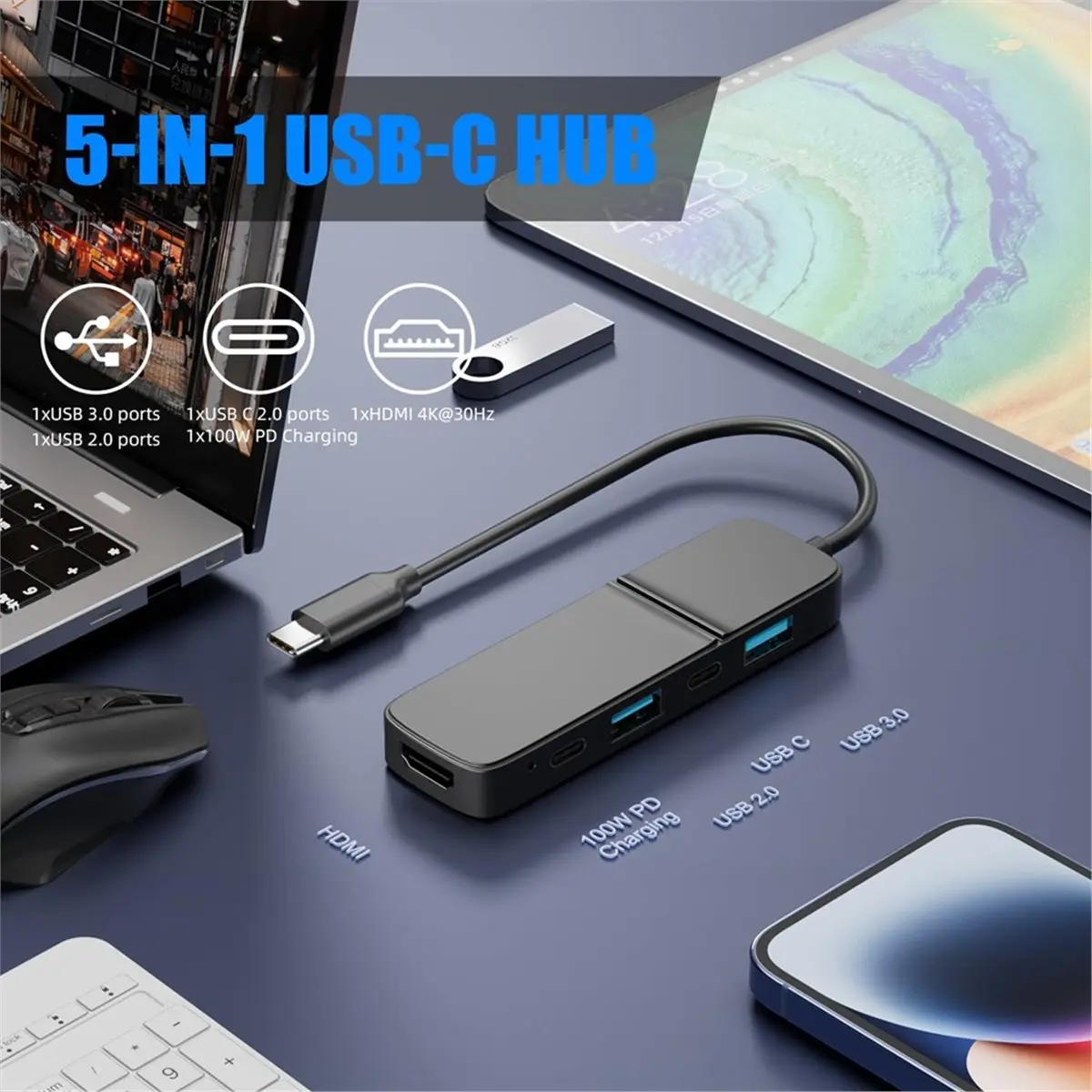 【To&On-e】 5-Port USB 3.0 Hub with 4K -Compatible - Dual USB-A/C, 5Gbps Data Transfer for Flash Drives & Portable Hard Disks