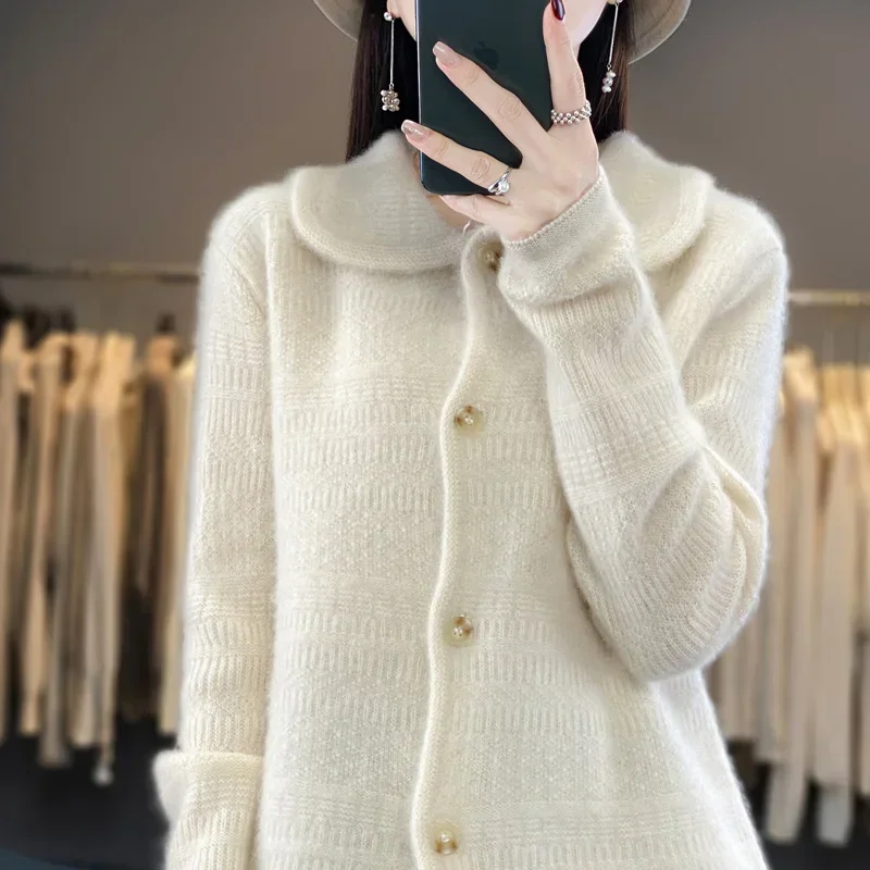 

2023 New Autumn and Winter 100% Pure Wool Cardigan Women's Polo Sweater Fashion Loose Cashmere Knitted Full Sleeve Coat Sweater