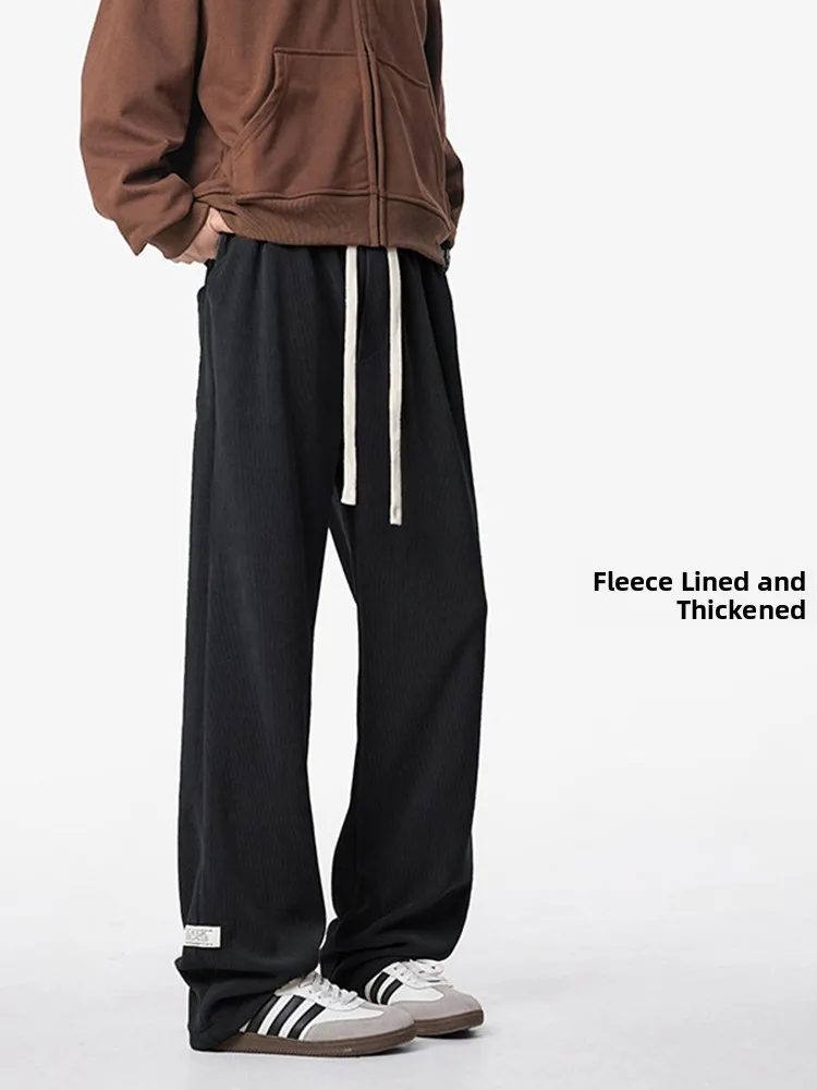

Men's Fce Lined Wide Leg Pants Thiened Winter Casual Trousers Elastic Waist Straight Cut Spor Sle Color