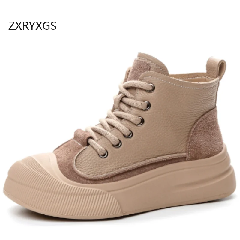 

ZXRYXGS Высокие кроссовки из воловьей кожи с верхним слоем Модные ботинки на плоской мягкой толстой подошве Универсальные повседневные женские кроссовки на шнуровке 2025