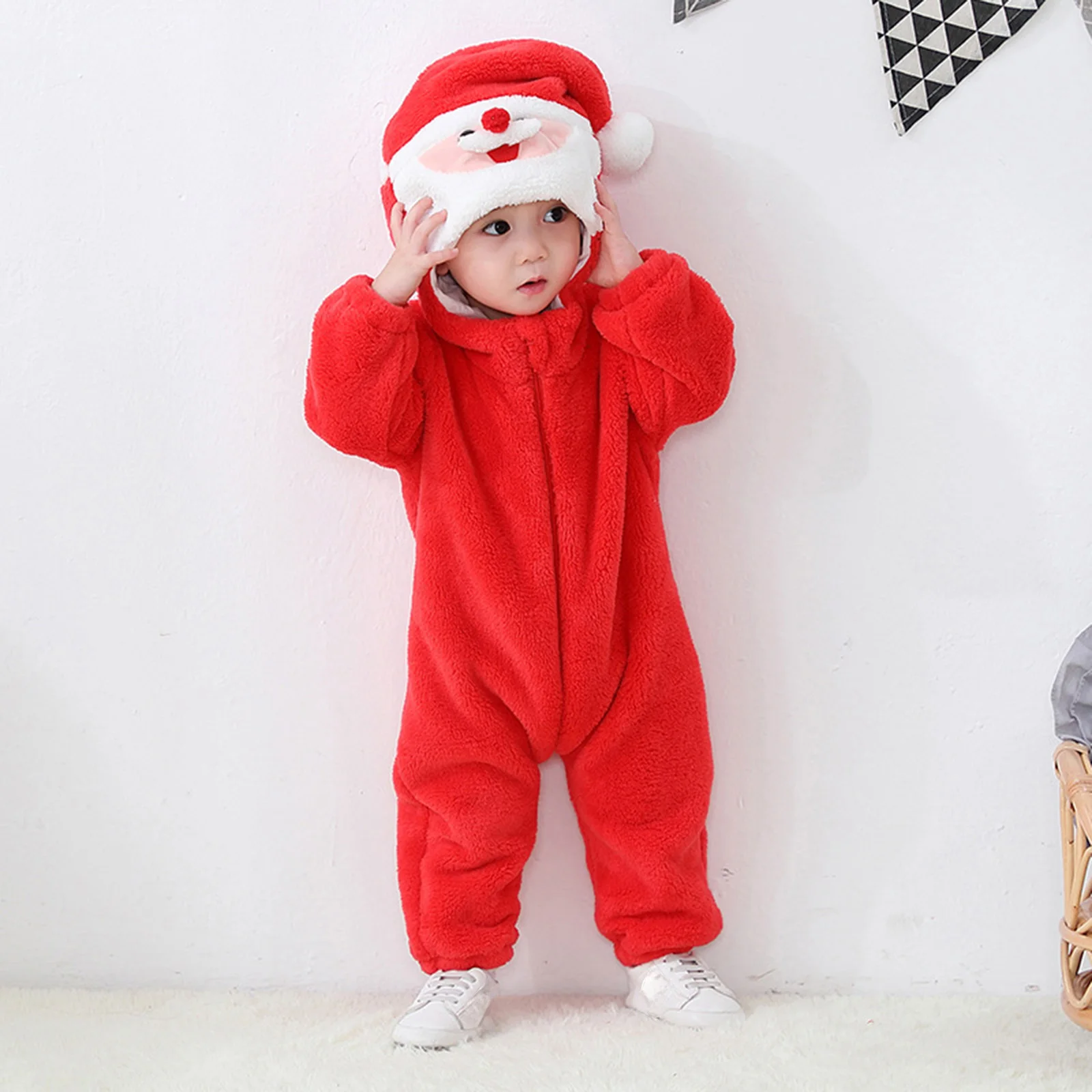 

Hot Baby Christmas Costume Warm Long Sleeve Santa Hooded Romper for Toddler Cosplay Party Holiday Outfit