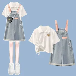 NOVEDAD DE VERANO 2025 para mujer, Polo a la moda, Top de manga corta + Pantalones con tirantes de mezclilla, traje de dos piezas, camiseta bonita elegante coreana, conjunto a juego