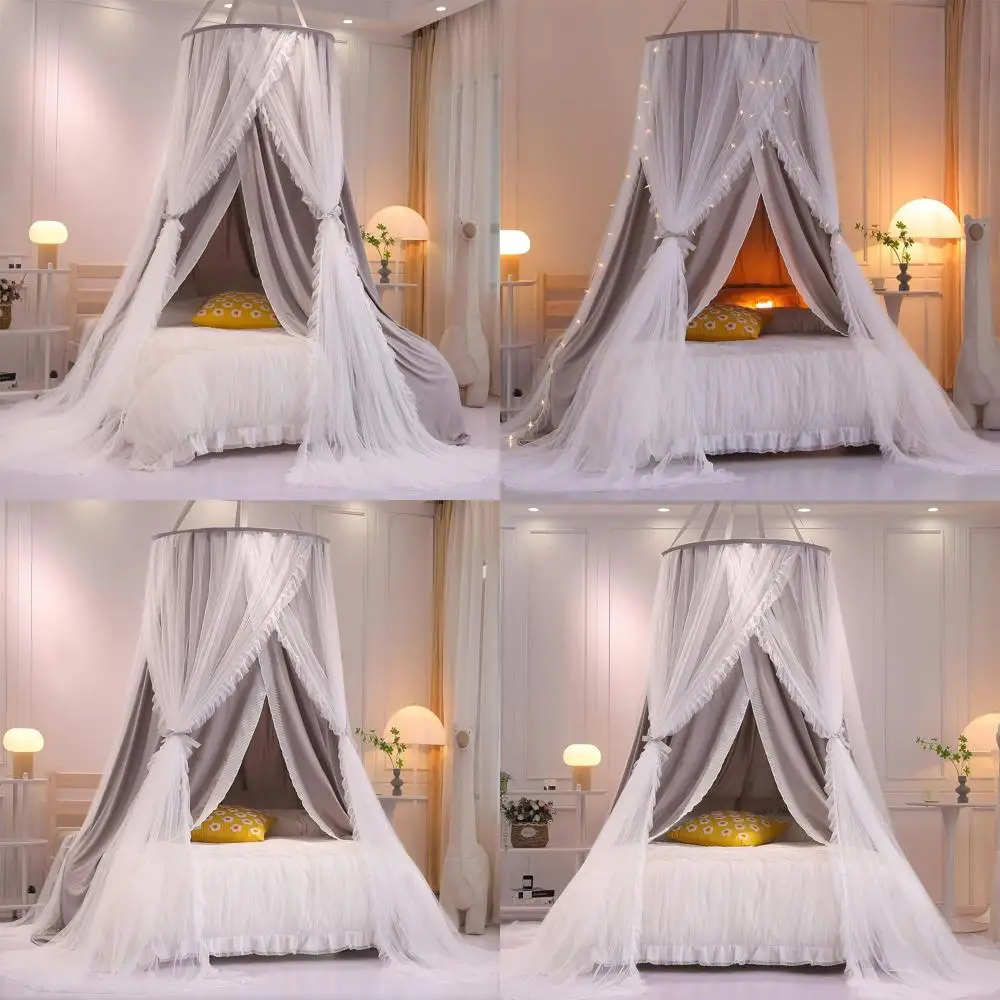 

Round Dome Canopy Bed Curtain with Mosquito Net for Girls and Adults - Dreamy Bedroom Castle Play Tent and Reading Nook (Grey/Wh