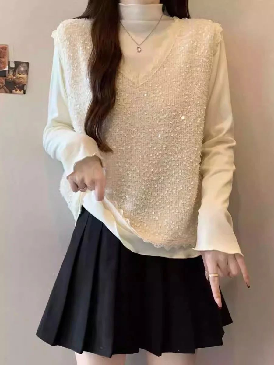 

Winter Sequin Vest Top High Waist Color Long Sve T-irt Base Layer Two-Piece Set for plus Size Women Commute Sle