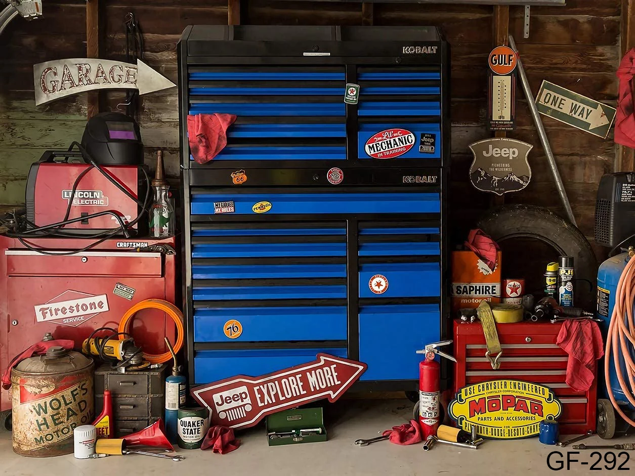 Backdrops Retro Car Repairs Warehouse Garage Tool Workshop Photographic Balloon Kids Birthday Decor Backgrounds Photozone Props