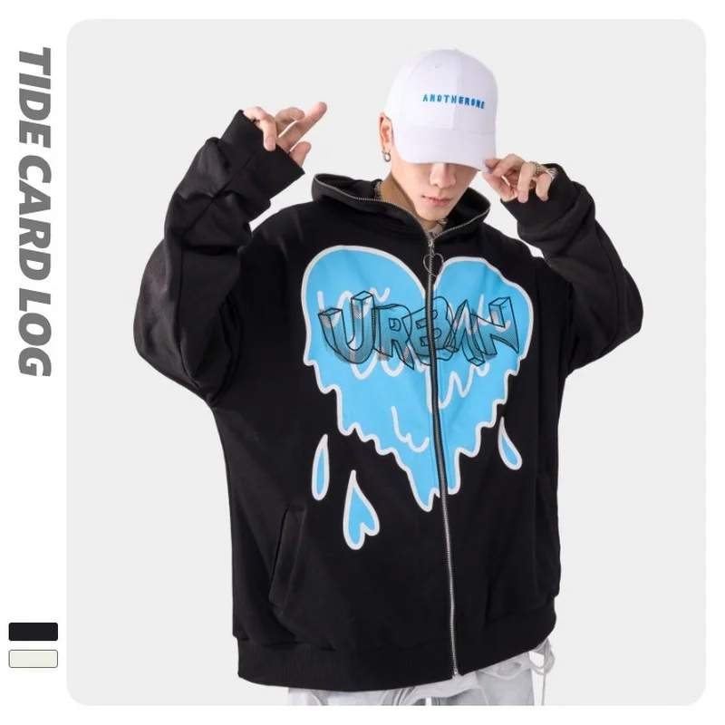 Original design hooded cartoon love zipper cardigan tide brand streetwear sweater men couple jacket black white