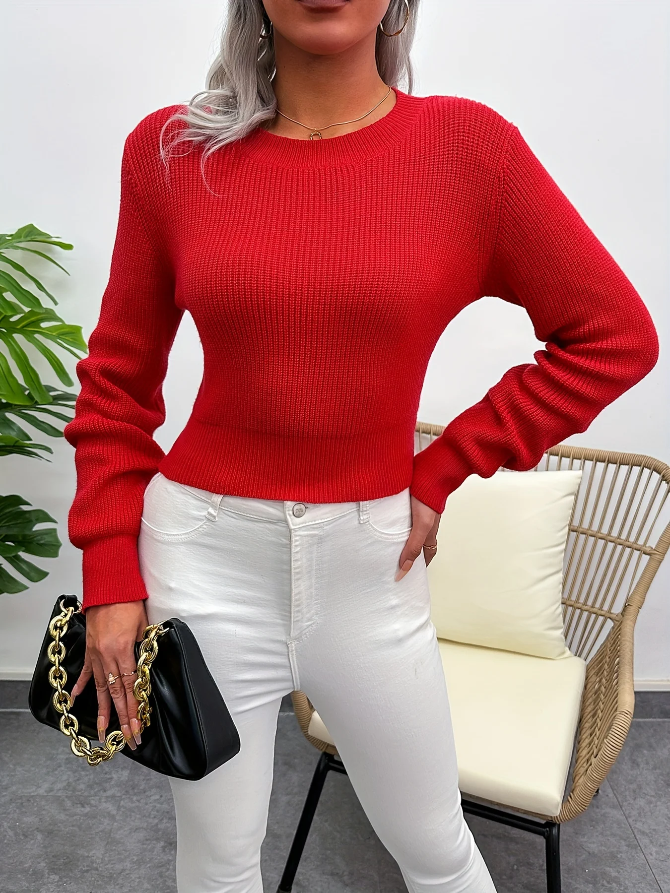 Autumn And Winter Women\'s High-Grade Super Beautiful Solid Color With Red Slim-Fit Long-Sleeved Sweater Base Shirt Top