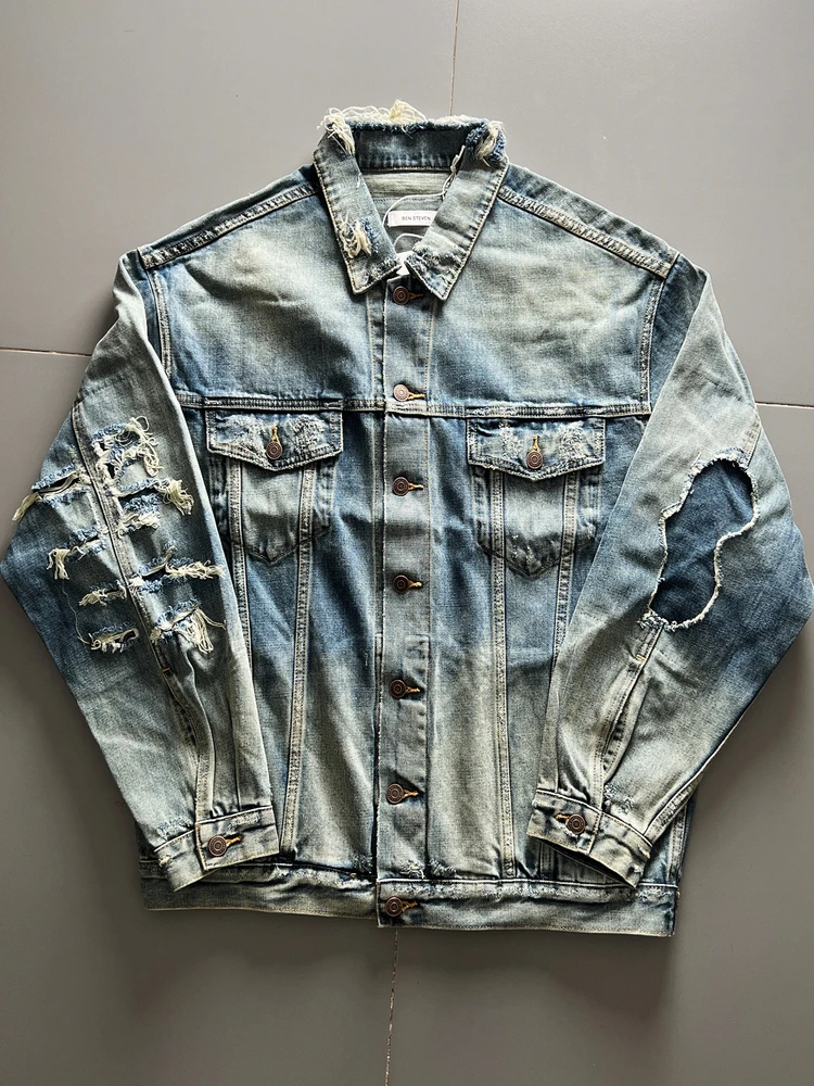 Vintage Distressed Patchwork Heavy Red Ear Denim Jacket Youth Vitality Style Cotton Long Sleeve Flip Collar Single Button - view 5