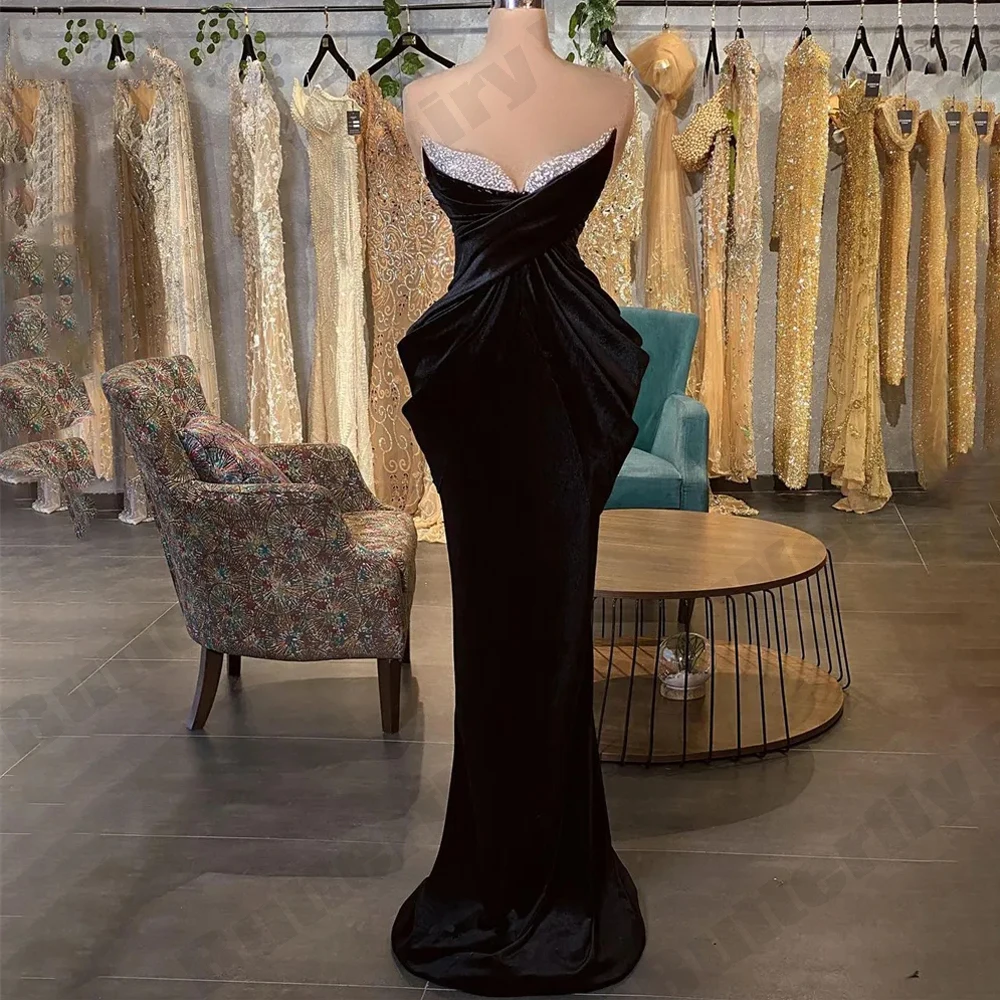 Luxurious Beading Mermaid Off Shoulder Sleeveless Black Evening Dresses Custom Made Simple A Line Sexy Backless Prom Gowns 2023