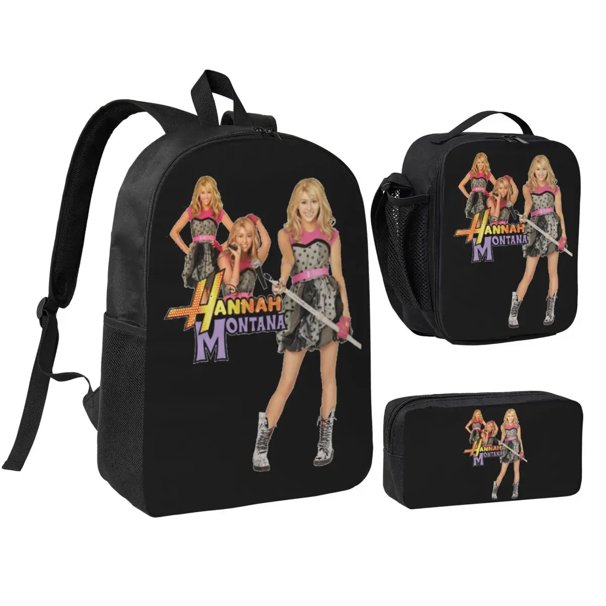

Hannah Montana Backpack Student BookBag School Bag Shoulder Bags 3ps Insulated Lunch Bag Pencil Case