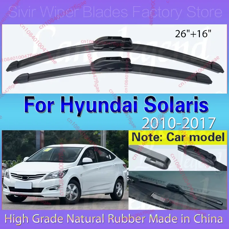 

For Hyundai Solaris 2010 - 2017 Front Wiper Blades Boneless Frameless Rubber Cleaning U J Hook 26"+16" Car Accessories