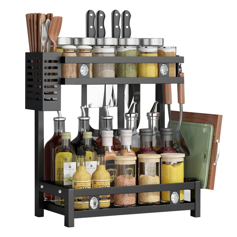 Black Kitchen Shelf Multi-layer Spice Rack For Kitchen Countertop Storage Spice Storage Rack ( With Diamond Decoration )