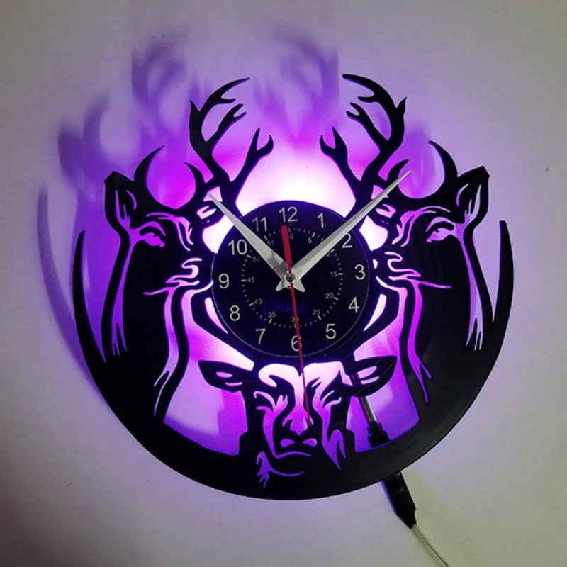 

Forest Elk Home Decor Wall Clock Antlers Woodland Deer Vintage LED Vinyl Record Wall Clock Hunting Gift for Him