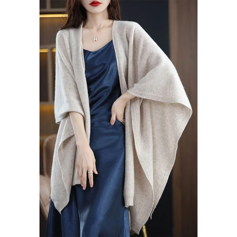 New high-end cashmere cape cape ladies oversized cardigan cape scarf oversized sweater solid color loose knitted 100% wool cape