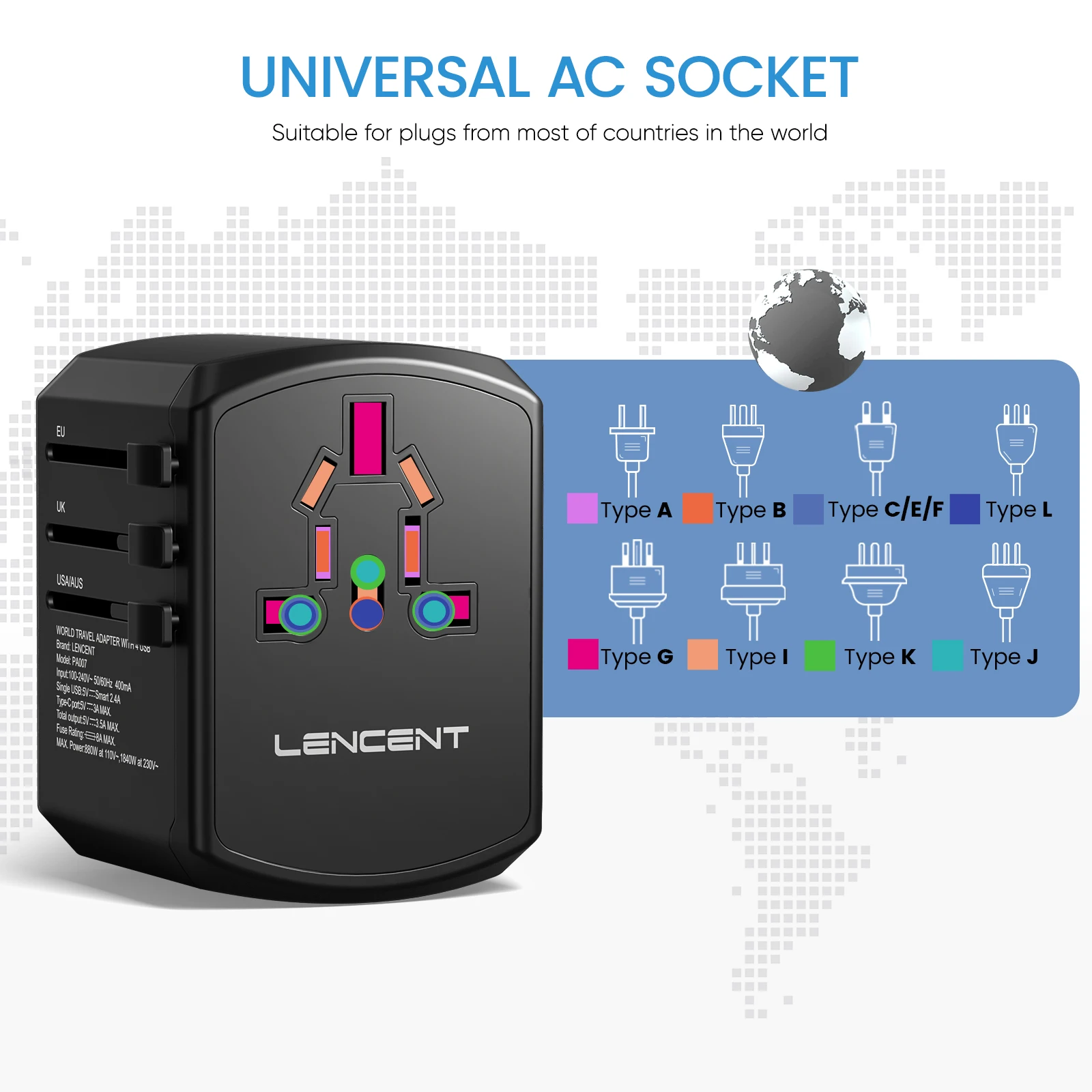 LENCENT Universal Travel Adapter All-in-one Travel Charger with 3 USB Ports and 1 Type C Wall Charger for US EU UK AUS Travel