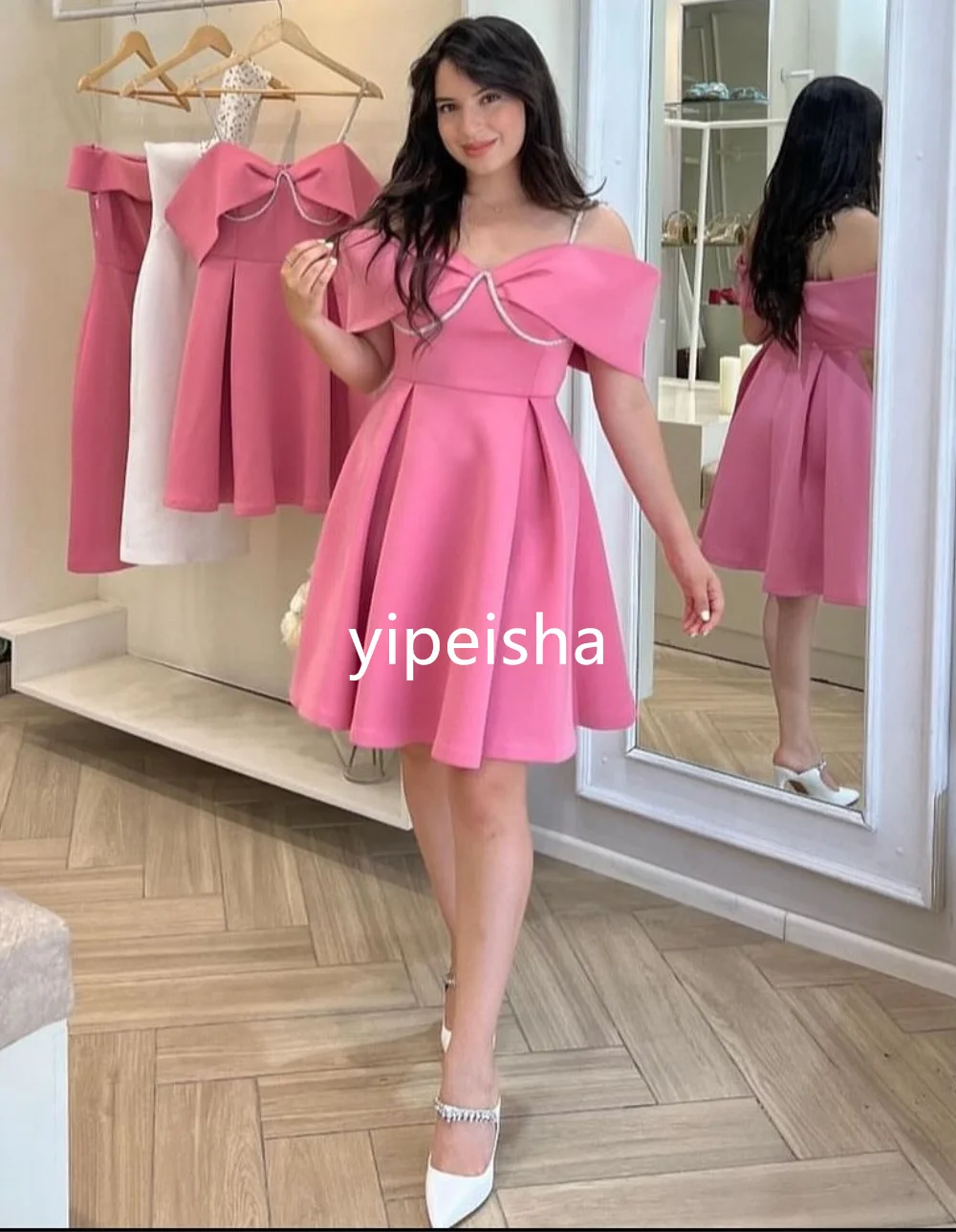 CustomizedFashion Jersey Pleat Pearl A-line Spaghetti Strap Knee Length Dresses Homecoming Classic Exquisite Modern Style Pastr