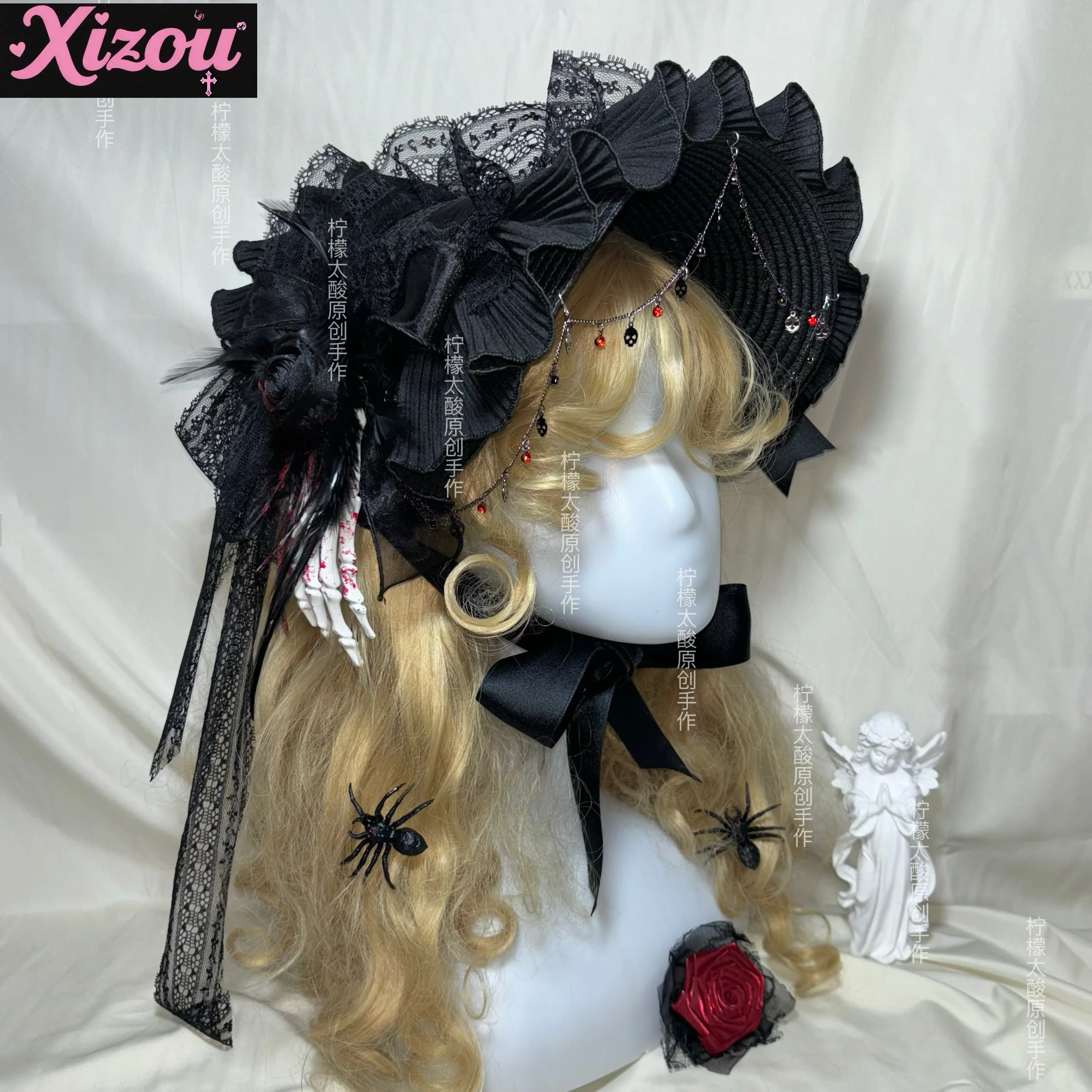 

Оригинальная Лолита с бантом, кружевом, розой, пауком, великолепная, для Хэллоуина, готическая, милая, крутая, для девочек, с черепом, понэтом, плоские шляпы в стиле Лолита для женщин