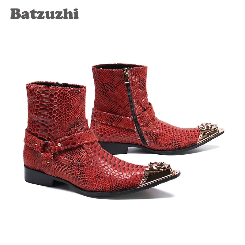 Batzuzhi جلد طبيعي حذاء من الجلد الرجال قبعات رعاة البقر الغربية أحذية الرجال أشار طرف معدني دراجة نارية بوتاس Hombre ، Pluz أحجام 38-46 #2