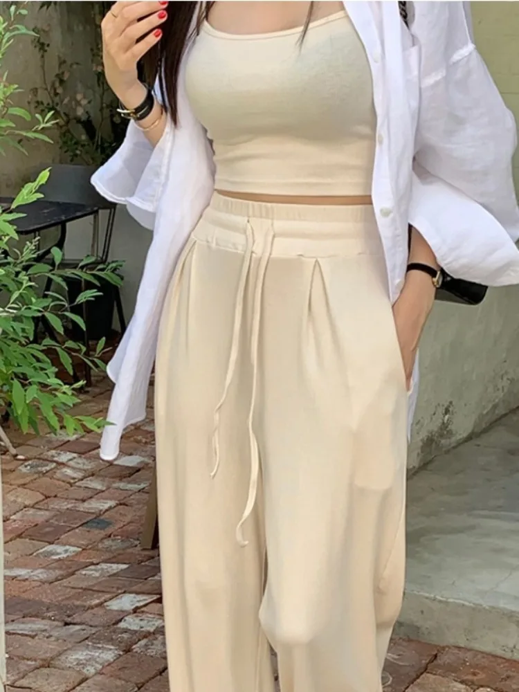 

Chic Summer Slimming Strap Top Casual Wide Leg Pants Women's Faion Set Versatile Straight Cut Trousers Age Defng