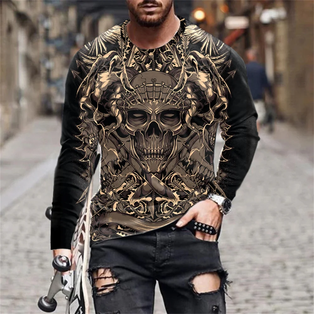 Horror Skull Head Print Graphic T Shirts Fashion New Men\'s Long Sleeve Round Neck T-shirt Retro Streetwear y2k tops