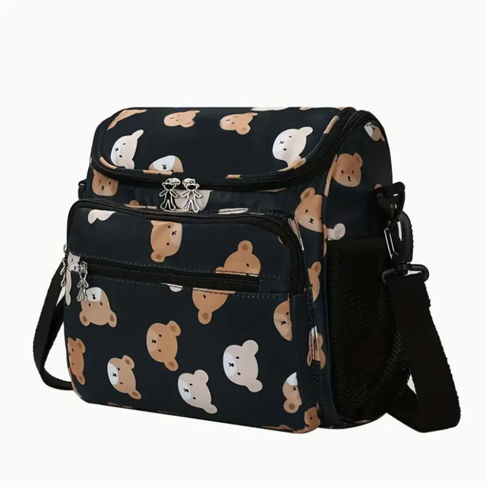 

Просторная большая сумка для подгузников, высококачественная бежевая сумка для подгузников с милым принтом медведя | Сумка для родителей через плечо и через плечо для бутылок,