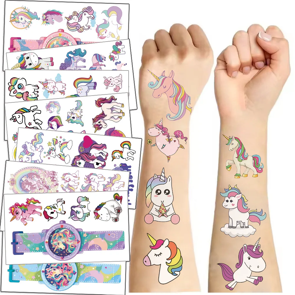 Pegatinas de tatuaje de unicornio para niños, tatuaje falso temporal, brazo, manos, cuerpo, juguetes de regalo, 10 hojas