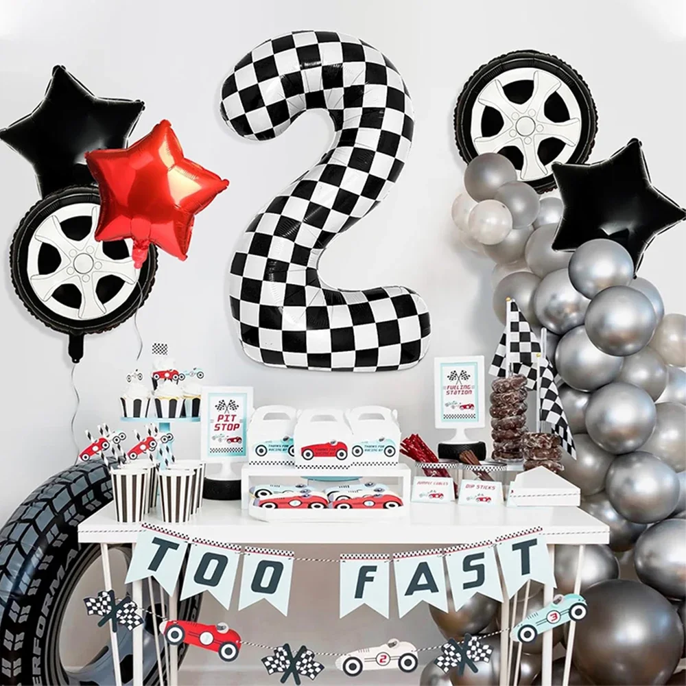 Rennwagen-Partydekorationen, kariertes Geschirr, Teller, Tassen, Servietten, Wimpel, Folienballons für Jungen, Rennen, Geburtstag, F1-Partygeschenk – Detail 23