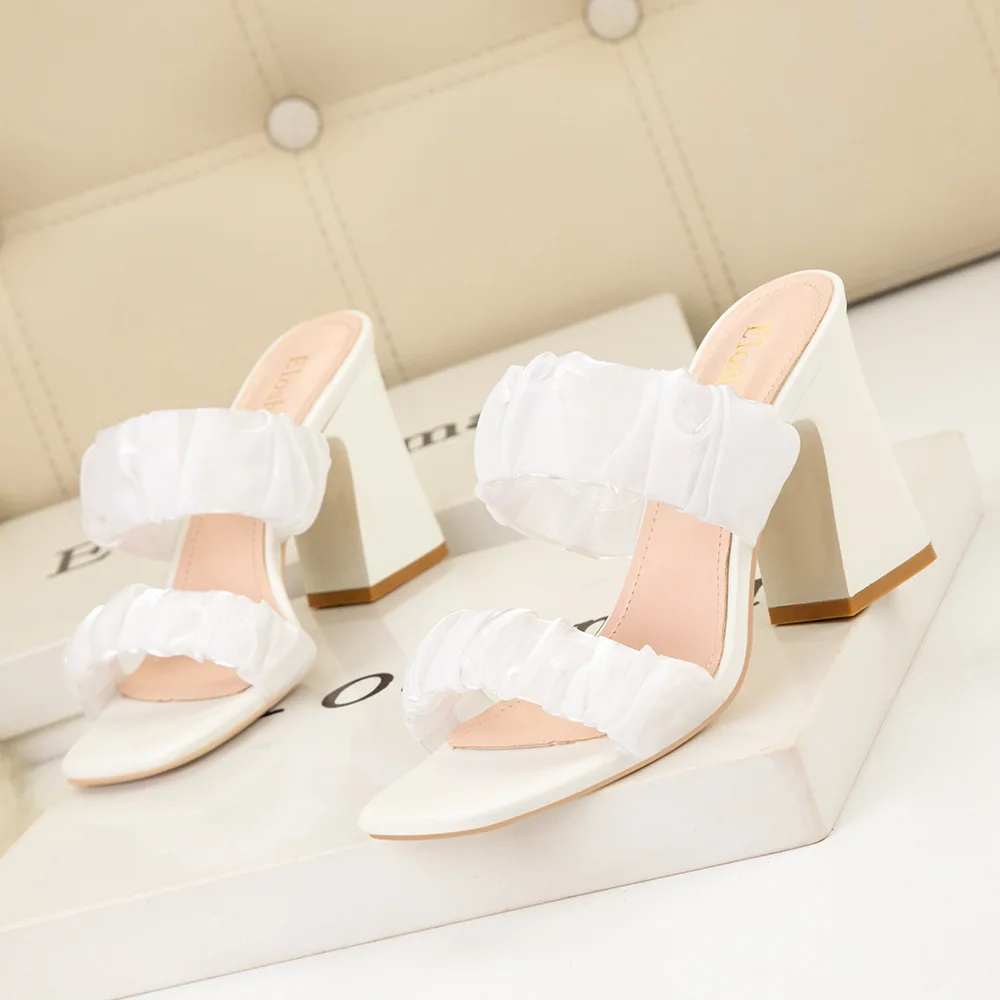 Hot Fashion Fold Mesh Women Slippers Open Toe Wild Party Chunky High Heels Shoes Slip On Casual Home Durable Sandals Lady Slides