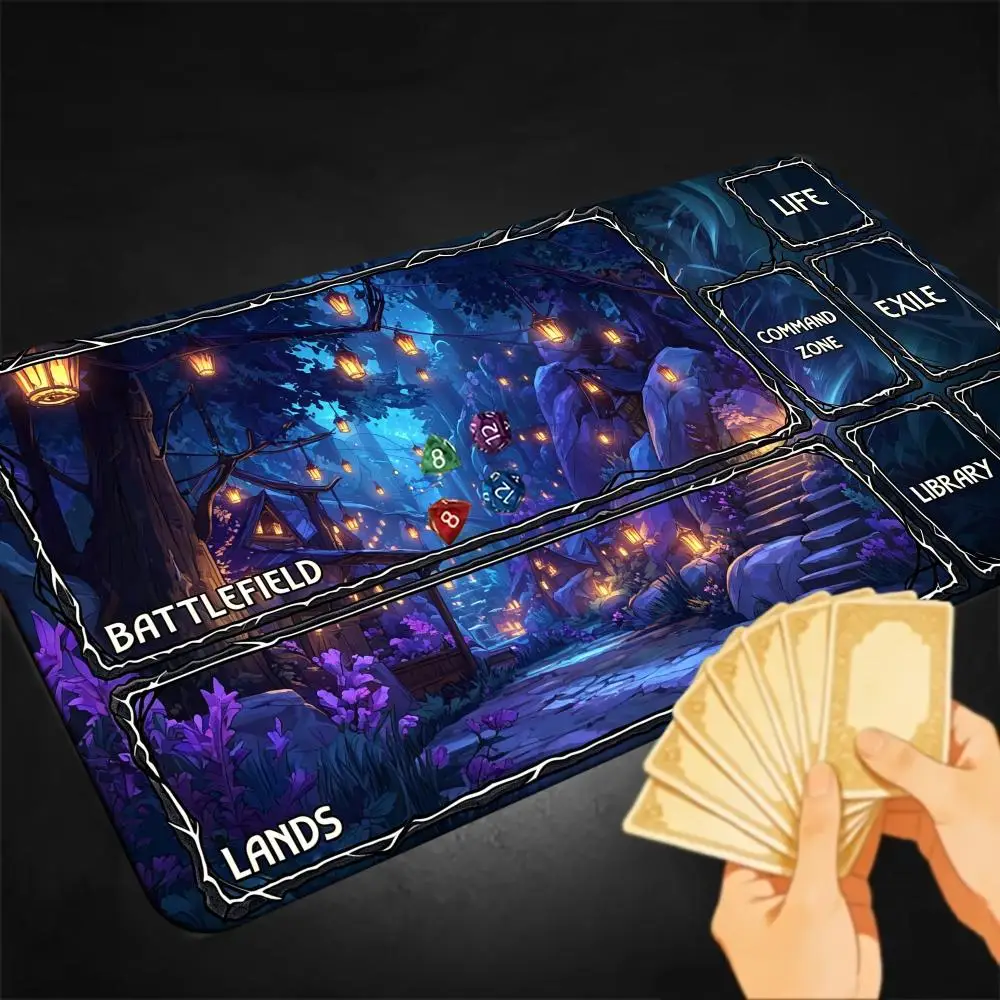 TCG Card Playmat with Zones, Fantasy Forest Night Scene Magic Desk Mat MousePad Battlefield Lands Command Zone, Non-Slip Rubber
