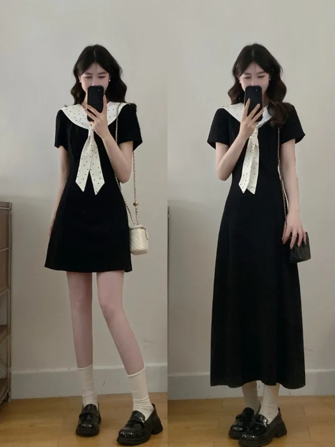 

Новое летнее женское платье больших размеров в клетку в студенческом стиле с бантом, темно-синим воротником, юбкой А-силуэта и завышенной талией из хлопка