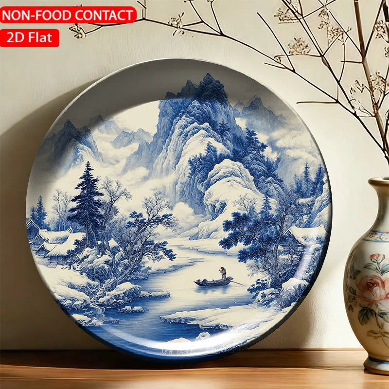 1pc FORJN Ceramic Decorative Plate - Round Winter Mountain Wall Plate with Snowy Landscape Art, Suitable for Non-Food Contact