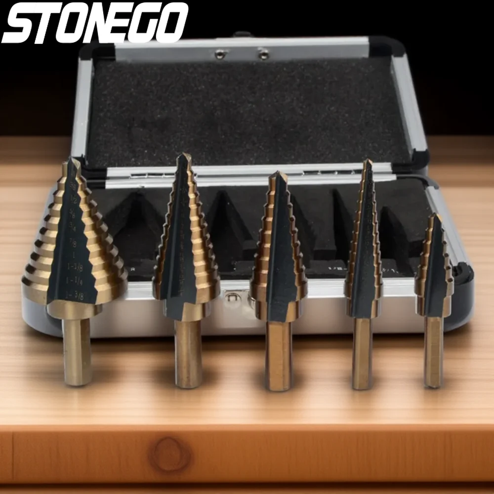 

Cobalt Steel Pagoda Step Drill Bit Set Titanium Coated with Aluminum Case Triangular Handle 5PCS