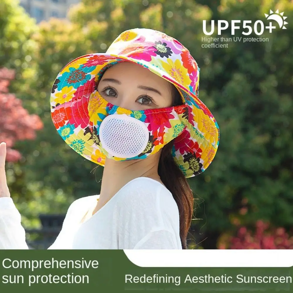 Outdoor Floral Tea Picking Cap Wide Brim with Breathing Hole Mask Sun Visor Cap Neck Protection Anti-UV Sun Hat for Women 6