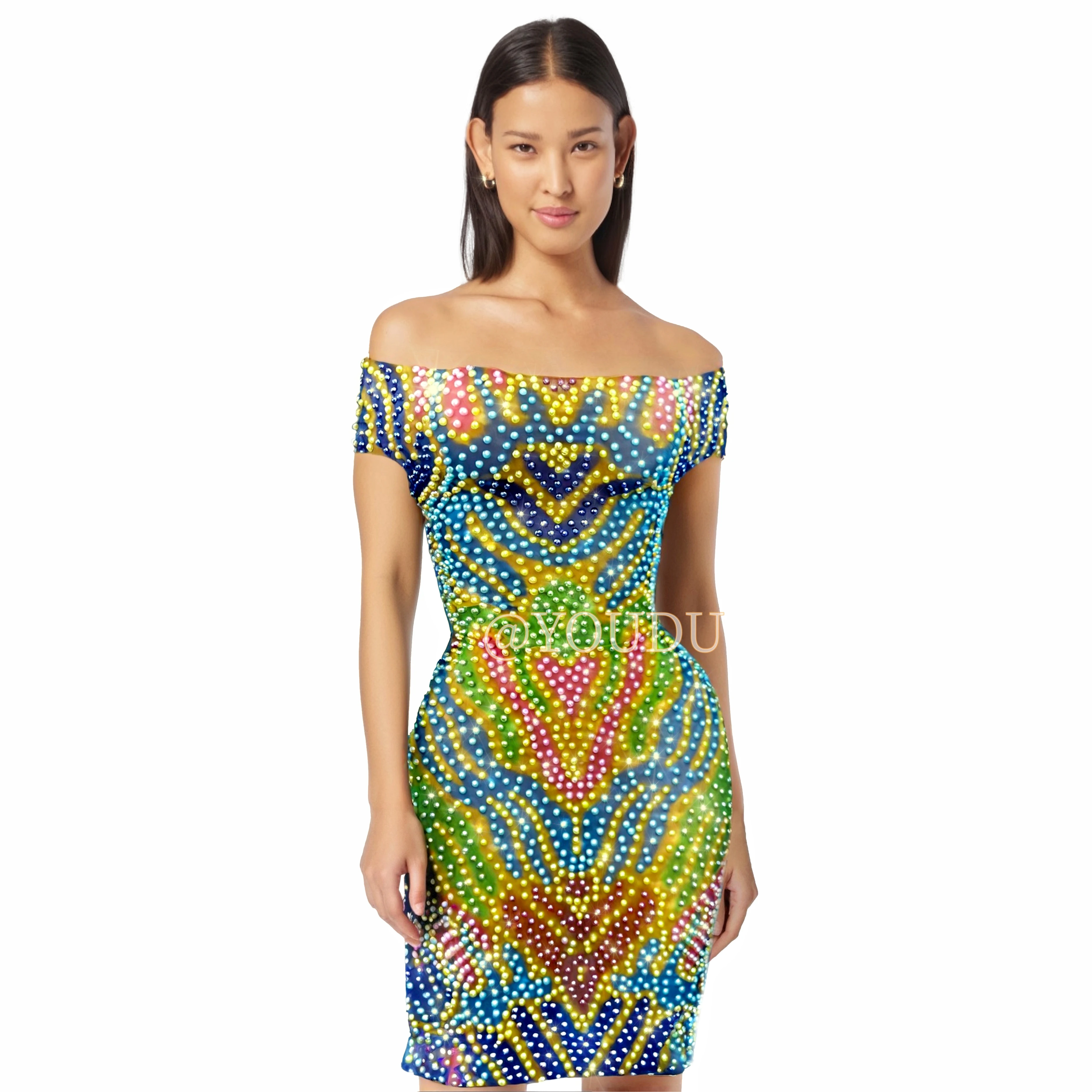 패션 다채로운 라인 석 메쉬 튜브 드레스 여성 생일 파티 축하 의상 공연 의상 huancai