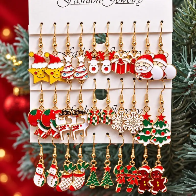 15 Pairs Christmas Earrings Set, Holiday Dangle Earrings with Santa Snowman Reindeer Tree Gingerbread Candy Cane Gifts