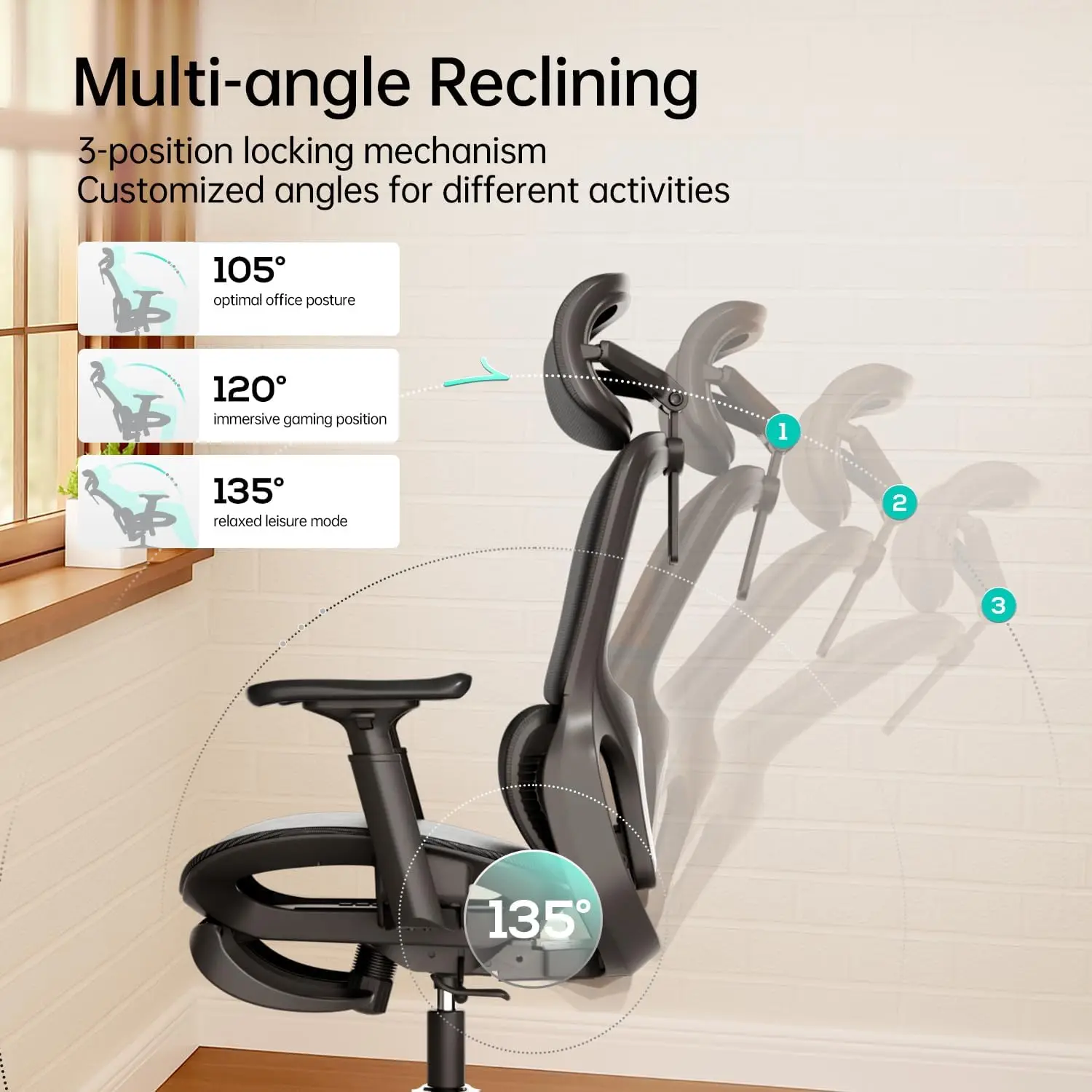 كرسي مكتب مريح P2، شبكي مع دعم قطني ثلاثي الأبعاد، 360 درجة °   مسند الذراع ومسند الرأس، 135 °   استلقاء، أسود