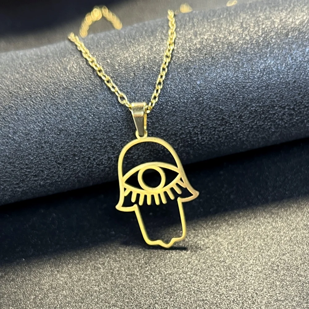 

Ожерелье из нержавеющей стали с турецкой рукой Хамса Фатимы для женщин, подвеска в виде ладони с полым глазом, цепочка на шею, счастливые ювелирные изделия, подарок