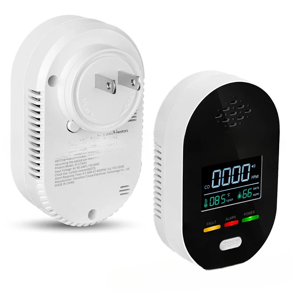 Plug-in CO alarm monitor with clear LCD display, 3-in-1 CO,