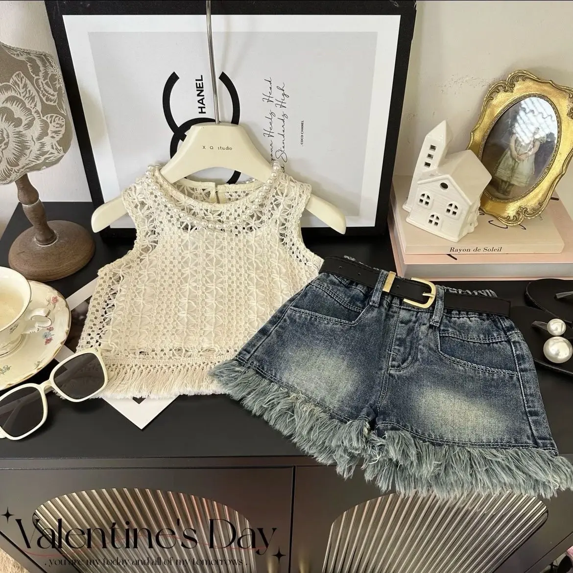 

Kids Girls Summer Clothing Set for Girls 2024 New Children's suspender vest denim shorts 3-piece set