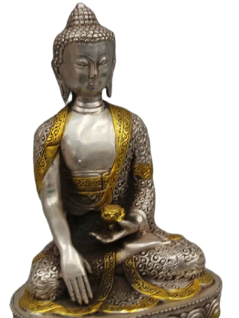 

Gratis pengiriman 8 "Tibet Buddhisme perak Gilt kursi Lotus Shakyamuni Amitabha Buddha mangkuk patung R0710 (B0328)