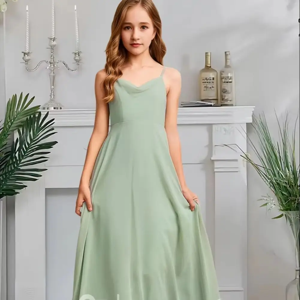 

JKH Kids Child A-Line Junior Bridesmaid Dress Twilight Blue Flower Girl Dress Cowl Neck Chiffon Floor-Length Garden Gala Wedding