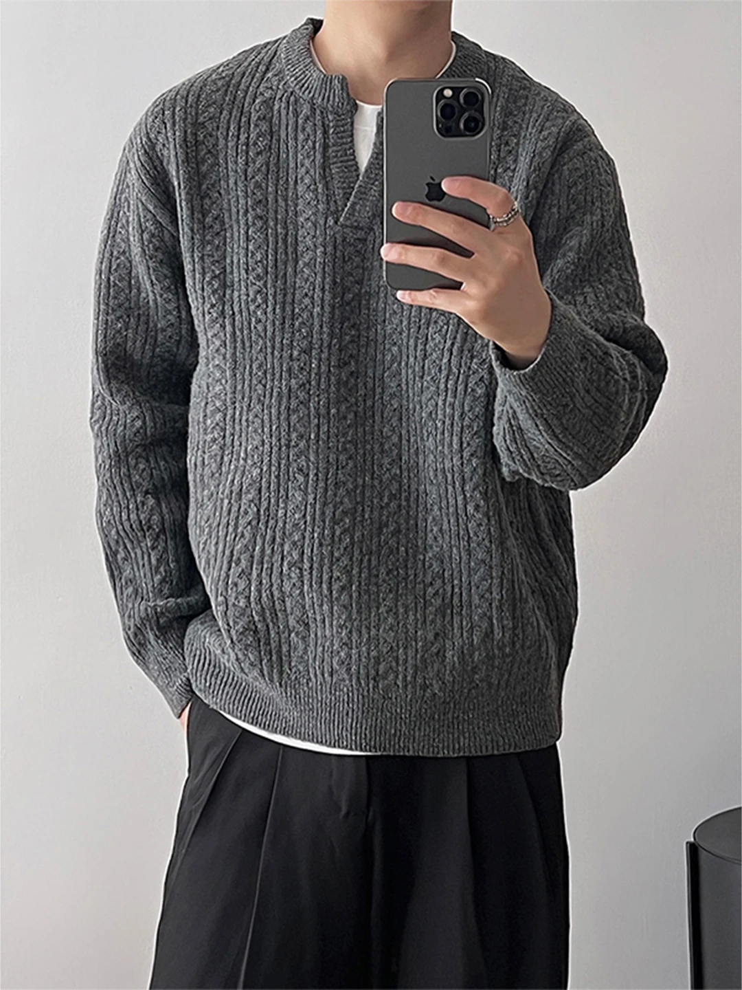 

ay Tweed Knit Sweater Men's Autumn Winter Layering V-Ne Knitted Base irt Cleanfit Henry Jaet Vintage Sle Thiened
