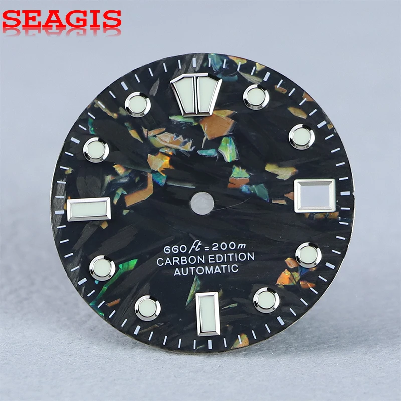 

SEAGIS Black Carbon Fiber 28.5MM Dial colourful Grain Dial NH35 Movement Watch Parts BGW9 C3 Lume Watch Face Watch Accessories