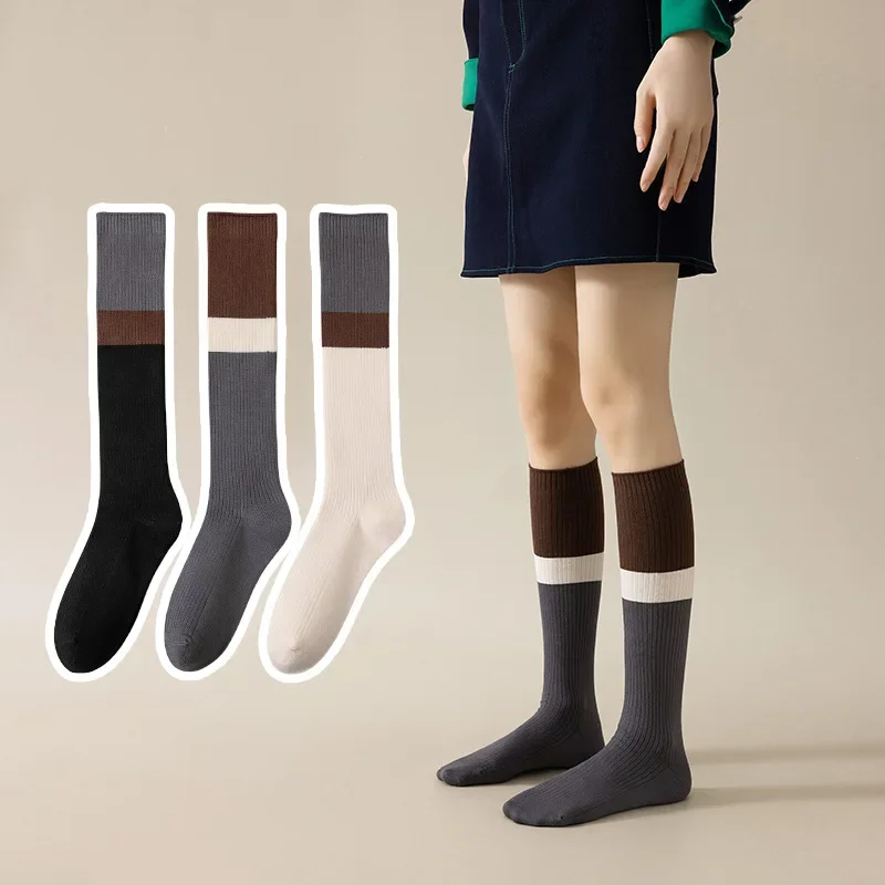 

Winter New Minimalist Striped Color Blocked Women Long Tube Socks Thickened Warm Lady Micro Pressure Slimming Socks