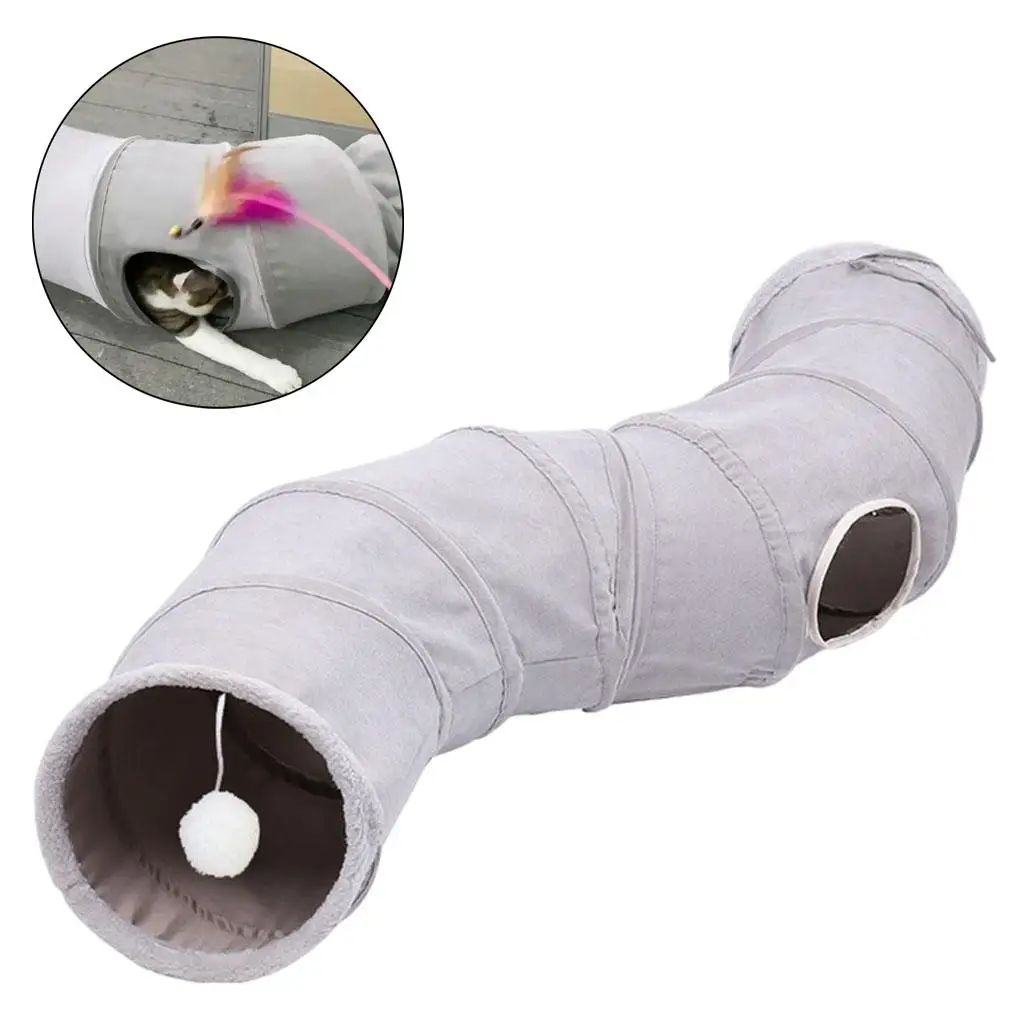 Tunnel per gatti morbidi e pieghevoli Giocattolo interattivo con palla da gioco e fori Tubi per animali domestici con letto per tende da gioco a forma di S
